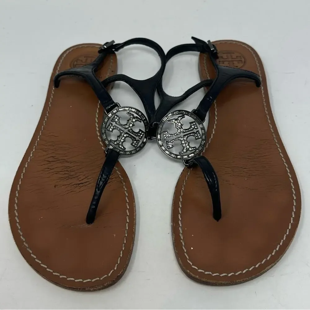Tory Burch Violet Thong Sandals Black Crystal Logo Size 7.5 Leather Ankle Strap